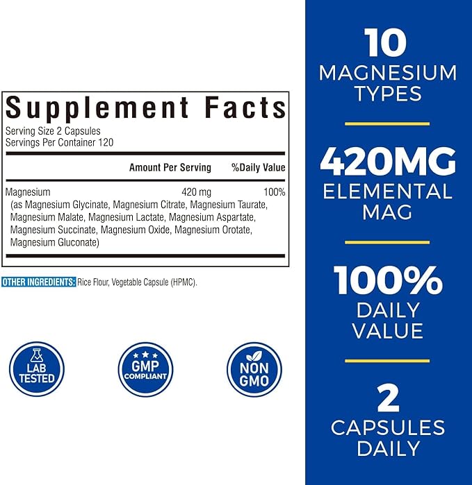 Vitalibre 10 in 1 Magnesium Complex, 420mg Elemental Magnesium | Ultra Strength, Max Absorption | Chelated Magnesium Supplement for Nerves, Bone & Heart Health | Non-GMO, 240 Vegan Capsules