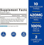 Vitalibre 10 in 1 Magnesium Complex, 420mg Elemental Magnesium | Ultra Strength, Max Absorption | Chelated Magnesium Supplement for Nerves, Bone & Heart Health | Non-GMO, 240 Vegan Capsules