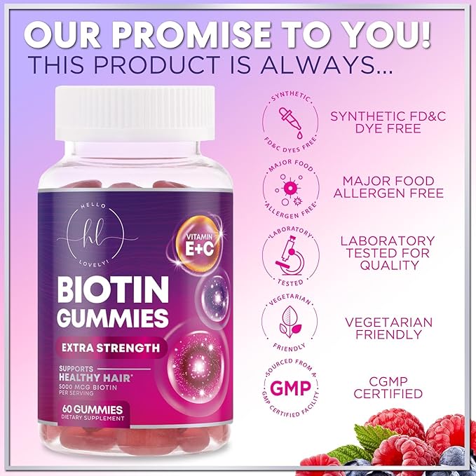 Hair Vitamins Gummies with Biotin 5000 mcg per Serving - Hair Growth Support with Vitamins E & C for Thicker, Stronger & Beautiful Hair - Hair Skin and Nails Vitamin, Gluten Free - 60 Gummies