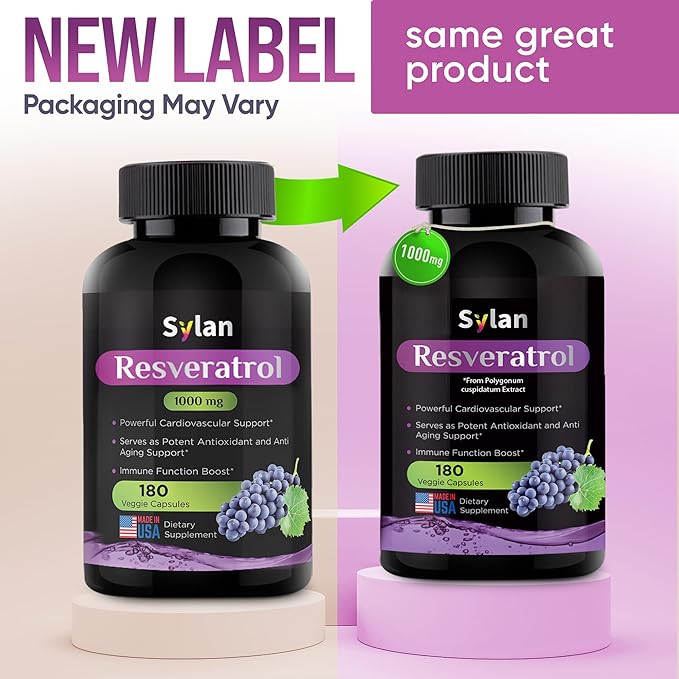 SYLAN Resveratrol Supplement, 1000mg, 180 Veggie Capsules, Antioxidant, Supports Heart, Joint, Brain, Immune Health & Anti-Aging, Non-GMO, Made in USA, Resveratrol 500mg Powder per Capsul