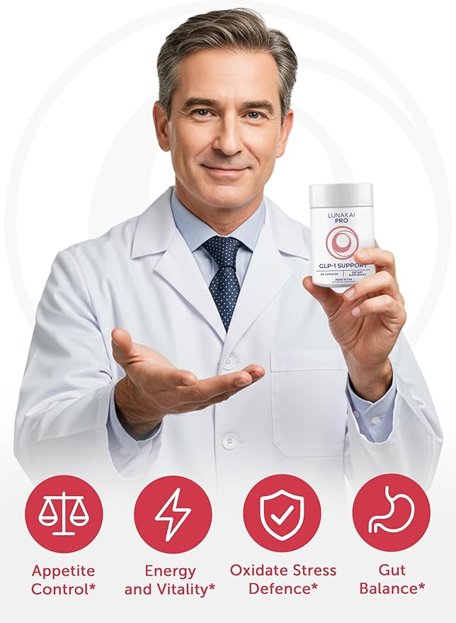 Lunakai USA Made GLP-1 Supplement - Natural GLP 1 Support with Probiotics & Resveratrol – Supports Weight Management, Cravings & Metabolism, 60ct