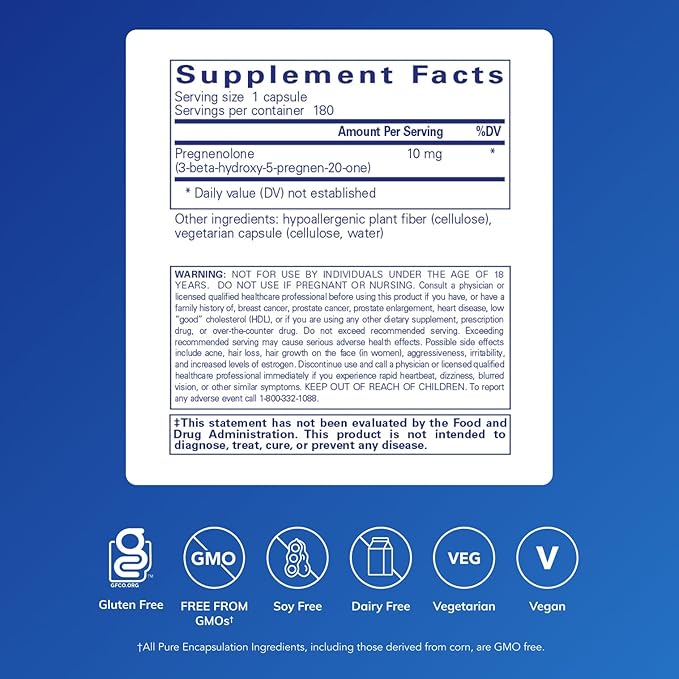 Pure Encapsulations Pregnenolone 10 mg - Support Memory & Hormone Balance* - Hormone Precursor - Gluten Free & Non-GMO - 180 Capsules
