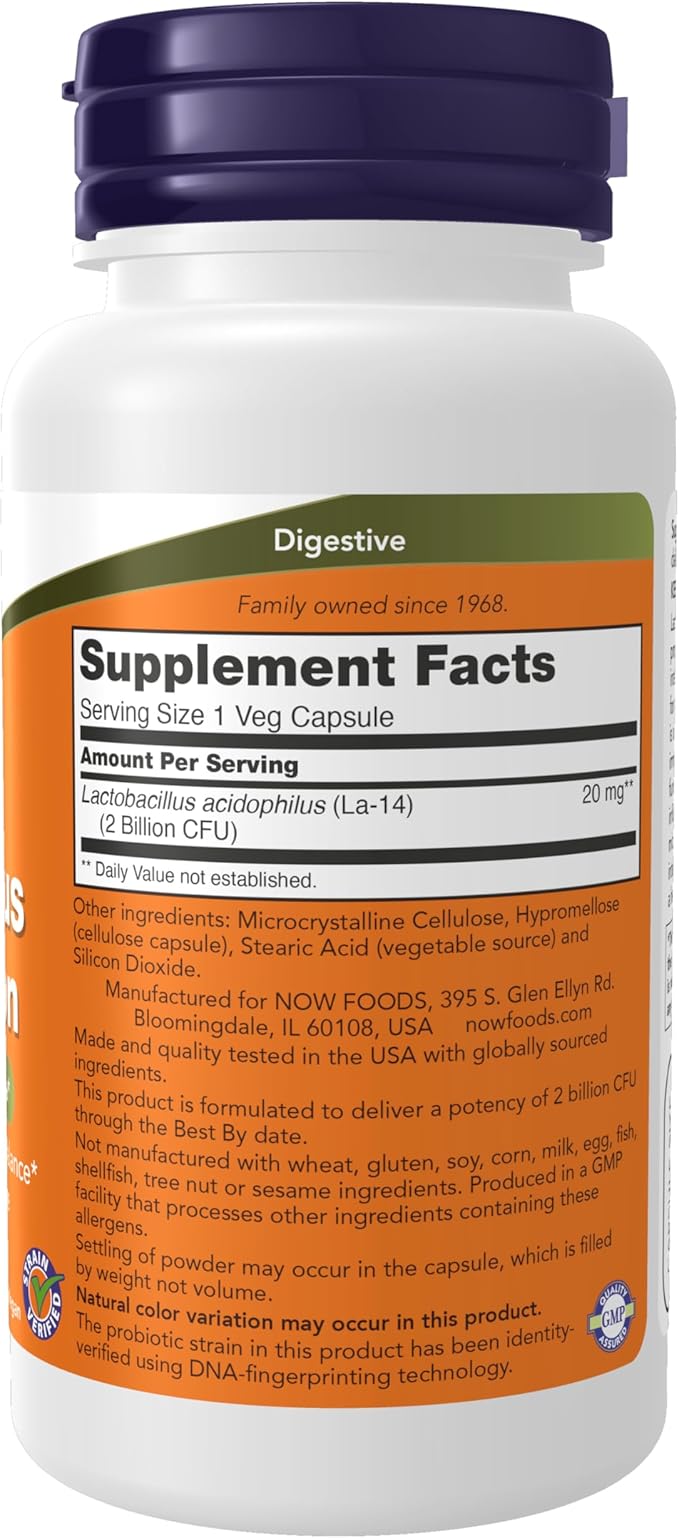 NOW Foods Supplements, Acidophilus, Two Billion, Strain Verified, Healthy Intestinal Flora*, 100 Veg Capsules