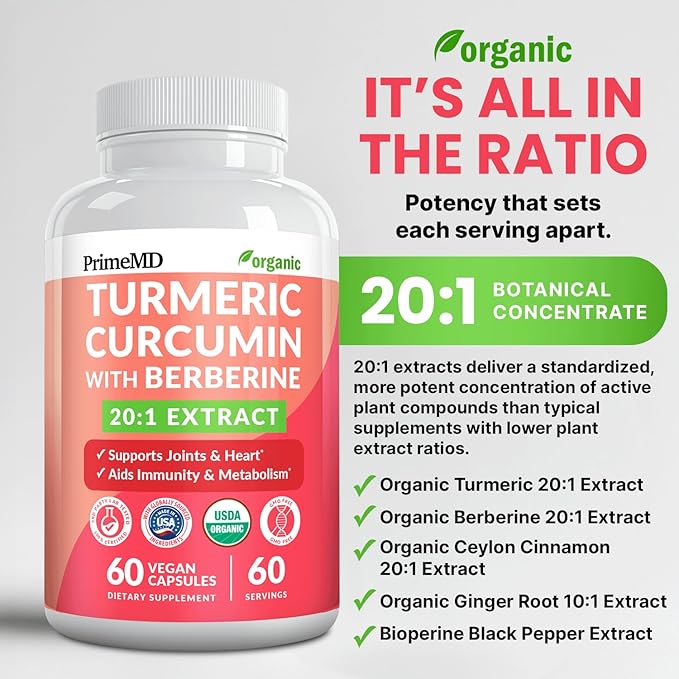 5-in-1 USDA Organic Turmeric Curcumin Supplement - 230mg with Berberine, Ceylon Cinnamon Bioperine and Ginger Supplements for Mobility, Digestion & Wellness Support, USDA Organic, 60 Servings, 1-Pack