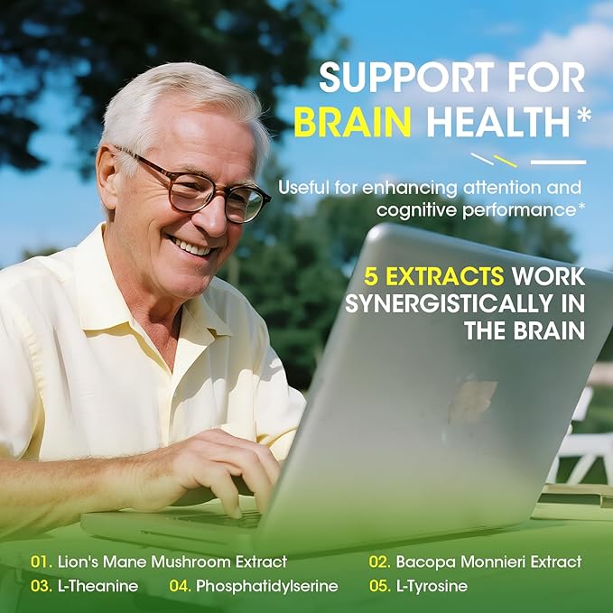 Eye + Brain Supplements for Memory and Focus, Lutein 40mg, Zeaxanthin, Astaxanthin, Bilberry, Lion’s Mane, Bacopa Monnieri, Ginkgo Biloba, 14 in 1 Eye Vitamins for Adults & Seniors 120 Capsules