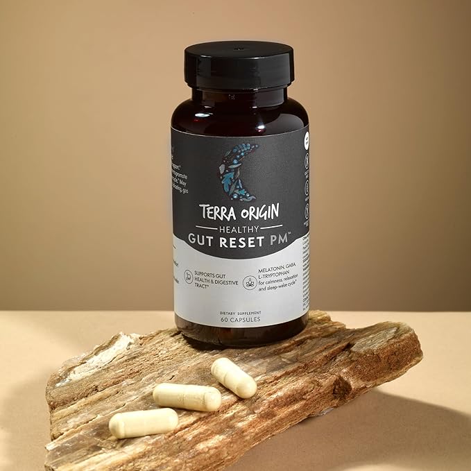 TERRA ORIGIN Healthy Gut Reset PM | 60 Veggie Capsules | Natural Sleep Aid Supplement for Sleep & Wake Cycles | GABA, L-Theanine, Melatonin, L-Glutamine, Licorice Root, Slippery Elm Root