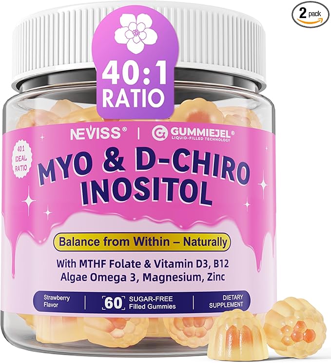 2 Pack Myo-Inositol & D-Chiro Inositol, Hormone Balance for Women | Sugar Free Inositol Gummies w/ Omega 3, MTHF Folate, Vitamin D3, B12, Magnesium & Zinc for Ovarian Health, Ideal 40:1 Ratio, Vegan