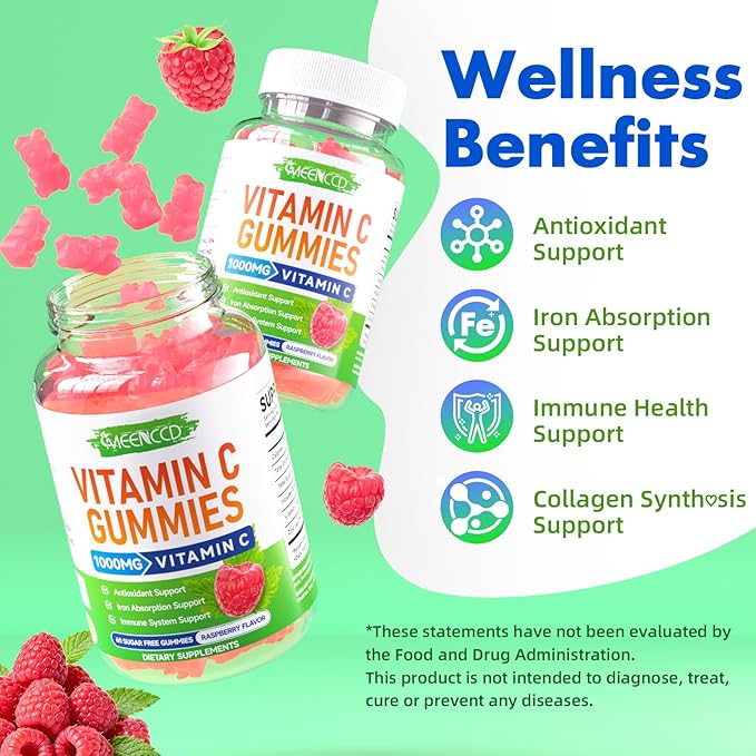 MEENCCD 2 Pack Vitamin C Gummies for Adults, Chewable Vitamin C Gummies with Zinc for Antioxidant Support, Vegan, Non-GMO, Sugar-Free, Raspberry Flavor, 120 Count