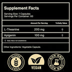 Apigenin 100mg with L-Theanine 200mg Supplement Capsules for Sleep Support, Relaxation, Clarity & Calm | Melatonin Free | 60 Vegan Capsules