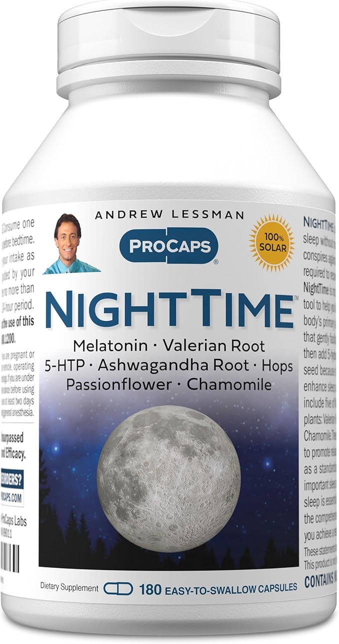 ANDREW LESSMAN Night Time 180 Capsules - 3mg Melatonin, Valerian, Ashwagandha, Passionflower, Hops, Chamomile. No Morning Grogginess. Natural Support, Gentle Restful Sleep. Easy to Swallow Capsules