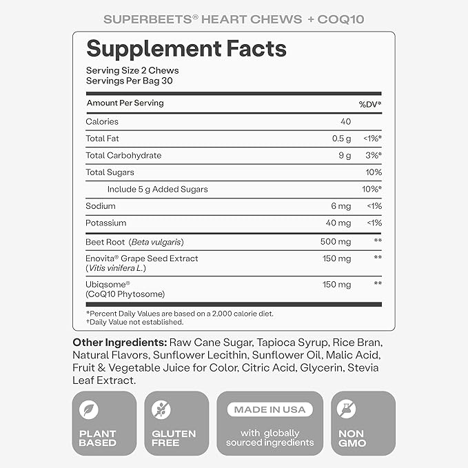 Humann SuperBeets Heart Chews + CoQ10-150mg of CoQ10 Plus Beetroot & Grape Seed Extract, Blood Pressure Support, Support Healthy Blood Flow, Circulation, 60 Count