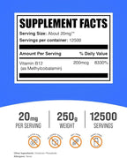 BulkSupplements.com Vitamin B12 Methylcobalamin Powder - 1% B12 Methylcobalamin, Essential B Vitamin - B12 Supplement, Gluten Free, 20mg per Serving, 250g (8.8 oz) (Pack of 1)