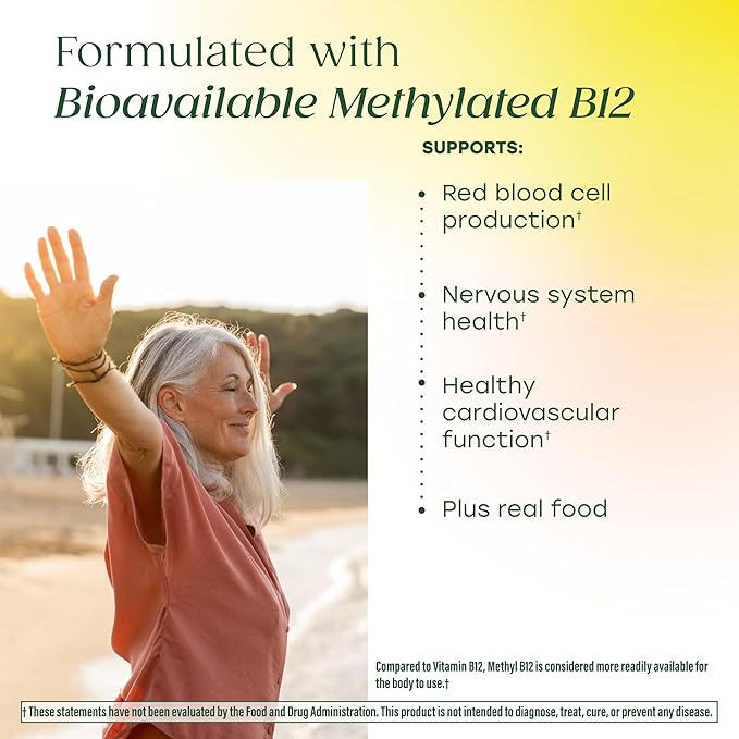 MegaFood Methyl B12 - Vegan - Includes Methyl Folate, Vitamin B12 & B6 - Supports Cellular Energy Production, Nervous System Health & Cardiovascular Function - 60 Tablets
