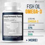 Triple Strength Omega 3 Fish Oil 3750 mg - EPA & DHA - Over 3000mg Omega-3 Fatty Acids - 1350mg EPA + 900mg DHA - Best Essential Fatty Acids, Burpless Fish Oil - 180 Count