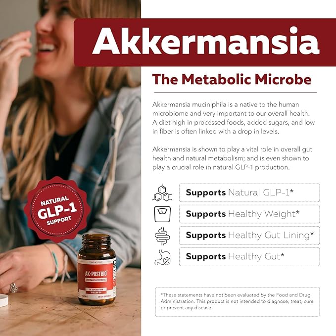 AK-Postbio: Akkermansia Probiotic 30 Billion TFU - Max Strength, Clinically Validated Dose & Patented Strain - Superior Pasteurized Form, Highest Absorption, Delivery - GLP-1 Probiotic - 30 Servings