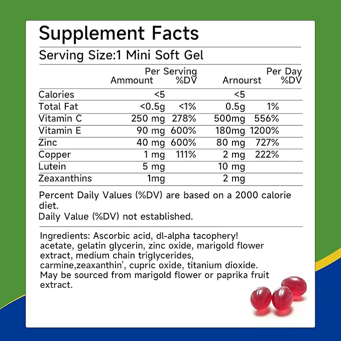 Eye Vitamin and Mineral Supplement Vision Support 240 Vegan Soft Gels, Contains Lutein, Zeaxanthin, Vitamin C & E, Zinc, Copper, Eye Health Supplements for Adults, 2 Packs