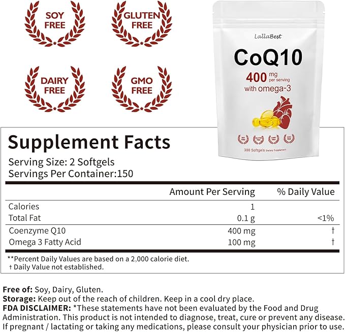 CoQ10 400mg with Omega 3 Fatty Acids, 300 Softgel | Stable High Absorption Form – Antioxidant Support for Heart & Energy Health – Extra Strength Coenzyme Q10 Supplement