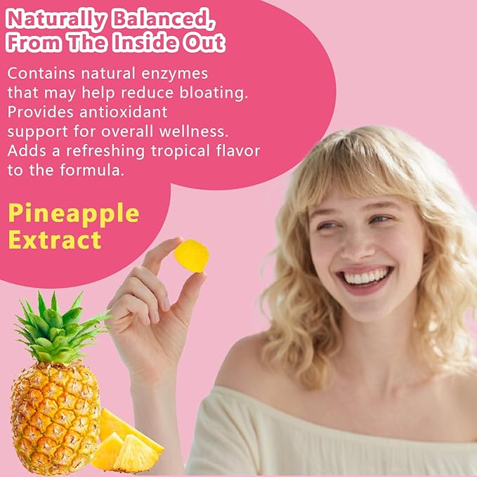 Feminine Vaginal Probiotics Gummies, Supports pH Balance & Digestive Health, Slippery Elm for Women, Suagr-Free, Veagn, Pineapple Flavor, 120 Count