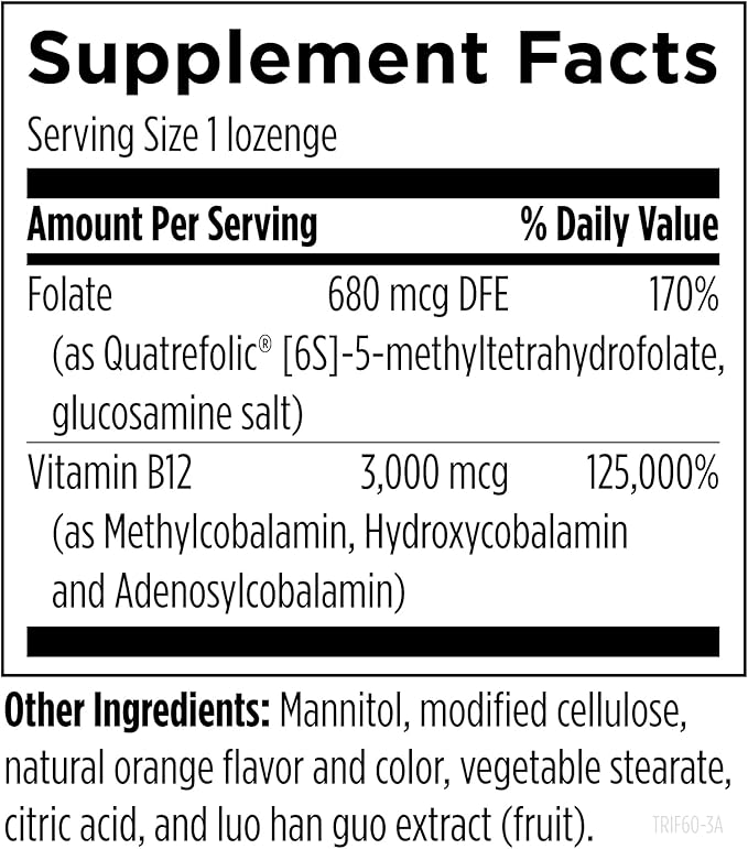 Designs for Health Trifolamin B12 + Folate Lozenges - 3000mcg B12 (Three Forms) + MTHF Methylfolate Supplement - Delicious Orange Flavor, Fast-Dissolve Tablets (60 Lozenges)