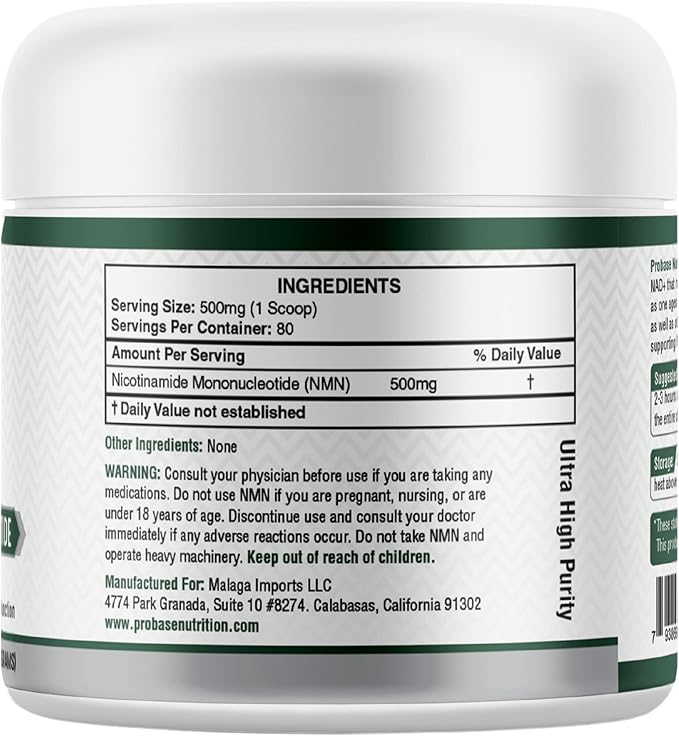 Probase Nutrition Longevity Pure NMN Powder 40 Grams - Ultra-Pure, Fully Stabilized, Pharmaceutical Grade NMN to Boost NAD+, Nicotinamide Mononucleotide Powder Supplement