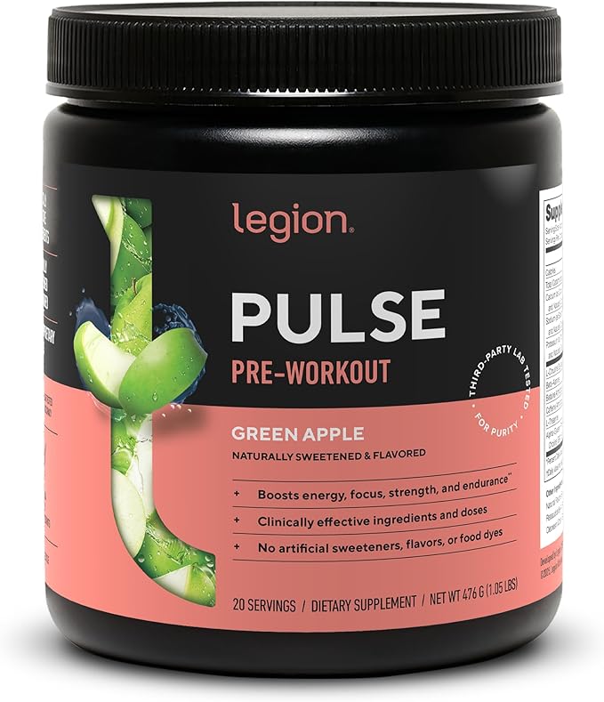 LEGION Pulse Pre Workout - All Natural Nitric Oxide Preworkout Drink to Boost Energy, Creatine Free, Naturally Sweetened, Beta Alanine, Citrulline, Alpha GPC (Green Apple)