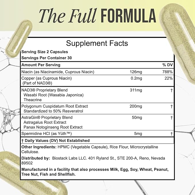 BIOSTACK NAD Regen (30 Days Supply) - Advanced NAD+ Supplement with NAD3, Yüth Spermidine, Resveratrol, Niacinamide | NMNH Alternative | Anti Aging, Longevity & Cellular Health, Vitamin B3 Complex