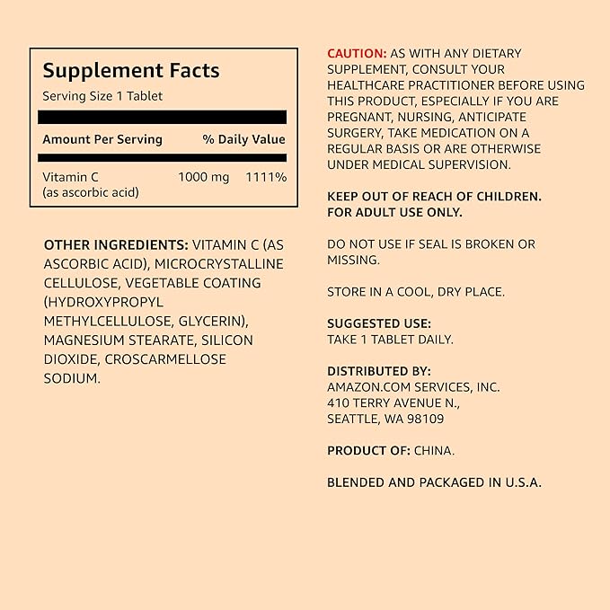 Amazon Elements Vitamin C, 1000mg, Vegan, Supports Healthy Immune System, 300 Tablets