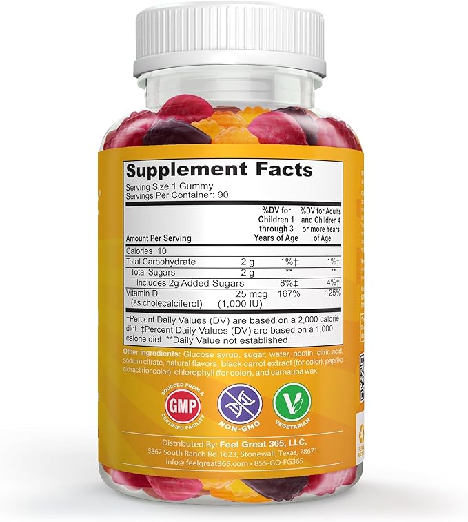 Feel Great Kids Vitamin D3 1000 IU | Kids Vitamin D Gummies for Healthy Bones, Mood, & Immune Support | Citrus Flavored Vegetarian D3 Gummies | 90 Day Supply