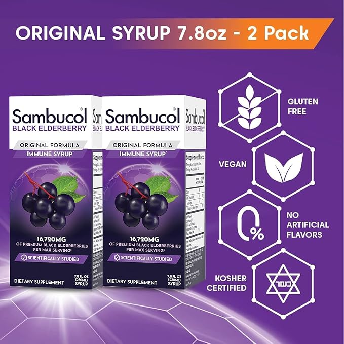 Sambucol Black Elderberry Syrup - Black Elderberry Liquid, Immune Support for Kids and Adults, High Antioxidants, Gluten Free - Original Formula - 7.8 Fl Oz, 2-Pack