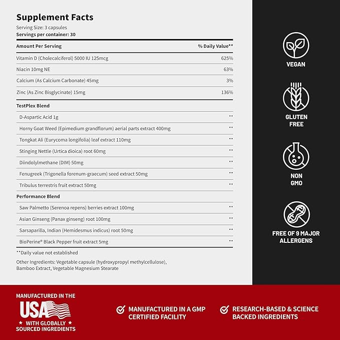 Snap Supplements Testosterone Booster for Men - Promotes Muscle Growth, Booster for Men, Enhancing Natural Energy, Stamina and Strength, 90 Capsules (30 Servings, 1 Month Supply)