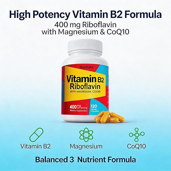 Vitamin B2 Riboflavin 400mg with Magnesium & CoQ10, High Potency Vitamin B2 Supplement for Energy Metabolism & Daily Wellness, 120 Veggie Capsules, 60 Day Supply