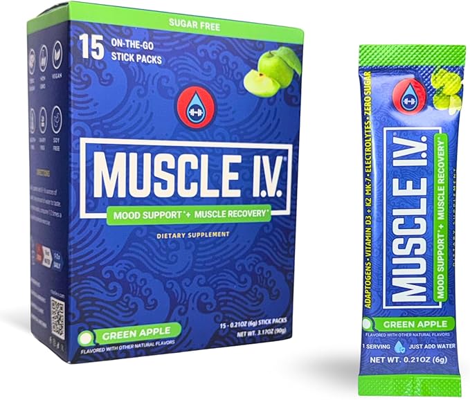 Muscle I.V.® Mood Support, Recovery, Cortisol Reducer Supplement, Vitamin D3 K2, Magnesium Glycinate, L-Theanine, KSM-66® Ashwagandha, Electrolytes Powder Packets, Sugar Free. 15 Ct, Green Apple