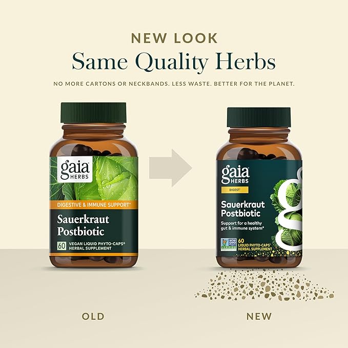Gaia Herbs Sauerkraut Postbiotic - Gut Health & Immune Support Supplement* - Made with Fermented Sauerkraut - Free from Dairy, Soy & Gluten - 60 Vegan Liquid Phyto-Caps (30 Servings)