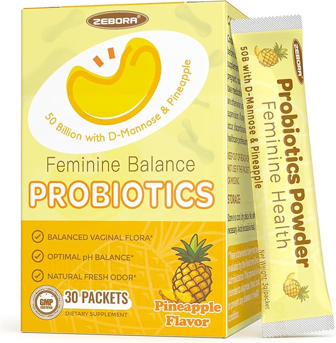 ZEBORA Probiotics for Women Powder, 50 Billion with D-Mannose & Cranberry for Feminine Balance, Urinary Tract & Vaginal Health, Digestive & Immune Boost, Gluten-Free Non-GMO, Pineapple Flavor