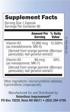 Natural Vitamin K2 MK4 Plus Vitamin K2 MK7 High-Potency 15,000mcg MK-4 + 60mcg MK-7 Supports Bone and Arterial Health Vegi-Capsules Soy-Free