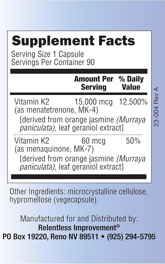 Natural Vitamin K2 MK4 Plus Vitamin K2 MK7 High-Potency 15,000mcg MK-4 + 60mcg MK-7 Supports Bone and Arterial Health Vegi-Capsules Soy-Free