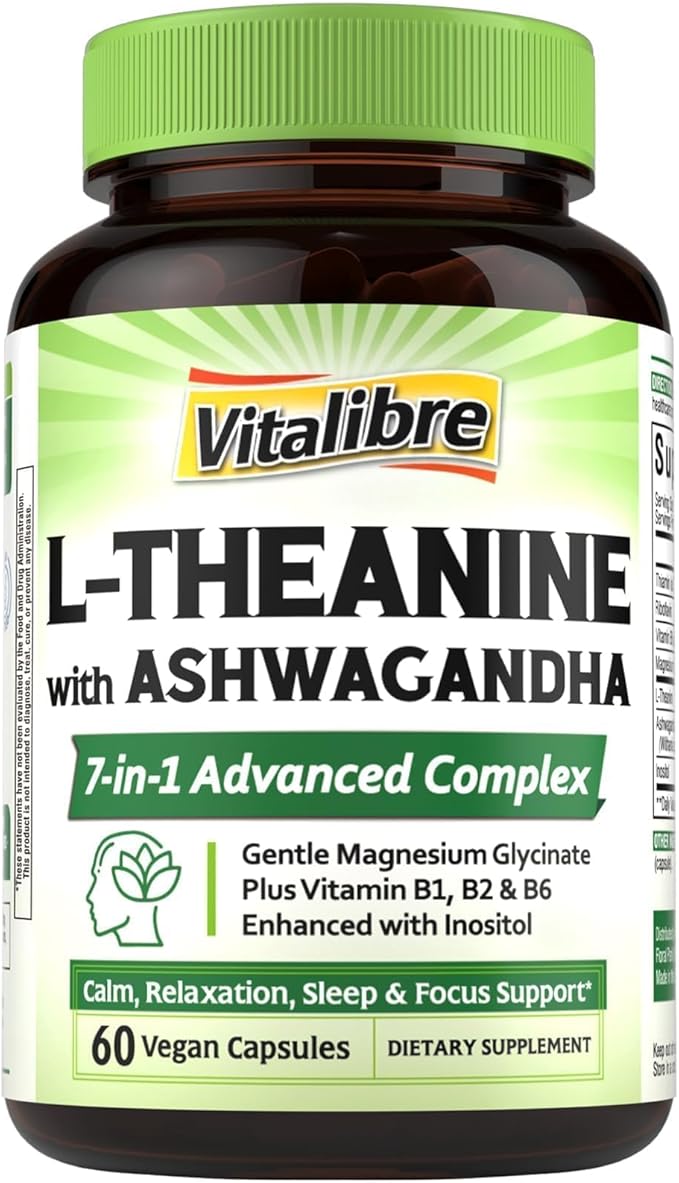 Vitalibre L Theanine Supplement 200mg | 7 in 1 L-Theanine with Magnesium Glycinate, Ashwagandha, Inositol, Vitamin B1 B2 B6 | No Gluten, for Calm, Relaxation, Sleep & Focus Support, 60 Vegan Caps