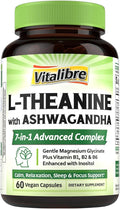 Vitalibre L Theanine Supplement 200mg | 7 in 1 L-Theanine with Magnesium Glycinate, Ashwagandha, Inositol, Vitamin B1 B2 B6 | No Gluten, for Calm, Relaxation, Sleep & Focus Support, 60 Vegan Caps