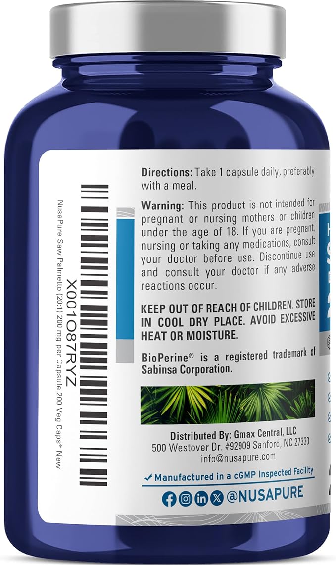 NusaPure Saw Palmetto, 200 mg, 200 Veg Capsules (Non-GMO, Vegan)