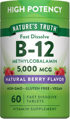 Nature's Truth B12 Vitamin 5000 mcg | 60 Tablets | Fast Dissolve Natural Berry Flavor | Vegan, Non-GMO & Gluten Free Supplement