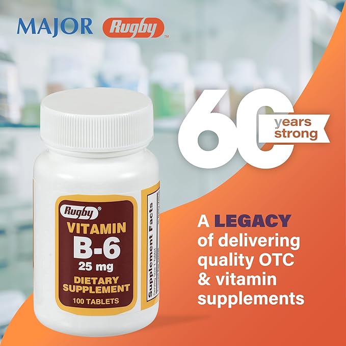 Rugby Vitamin B-6 Tablets - 25mg of Vitamin B6 - Dietary Supplement - 100 Count (2 Pack)
