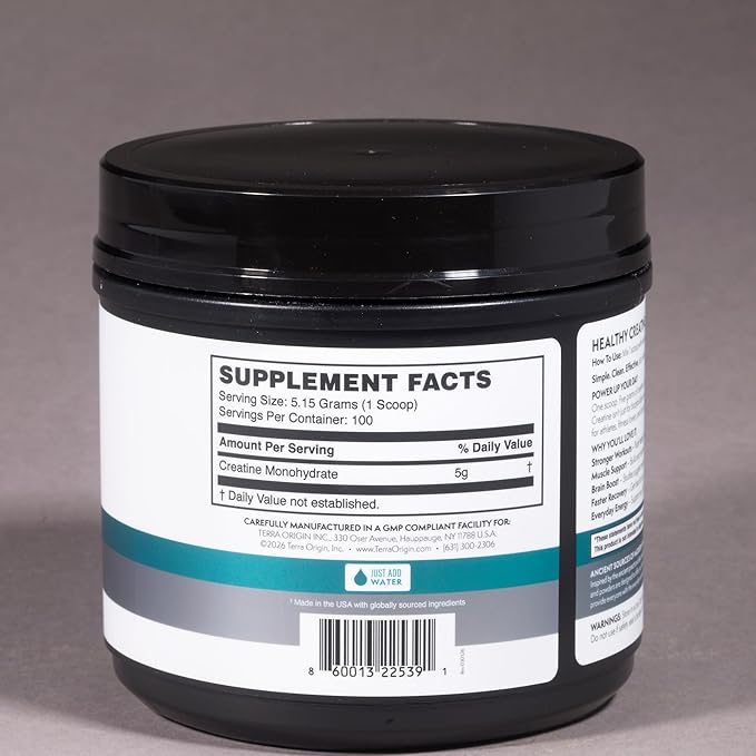 TERRA ORIGIN Creatine Monohydrate Powder | Micronized Creatine for Women & Men | Unflavored, 100 Servings | Creatine Monohydrate Supplement | Gluten Free, Sugar Free, Made in USA