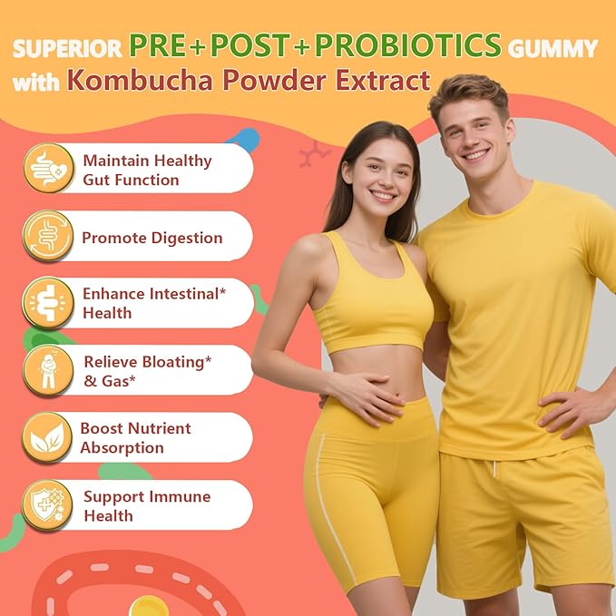 Probiotic Kombucha Gummies Sugar Free Prebiotic Postbiotic Probiotics Gummy for Women and Men Bloating Gut Health Immune and Digestive Support - 60 Gummies - 30 Servings