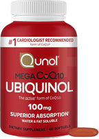Qunol Ubiquinol CoQ10 100mg Softgels, Qunol Mega Ubiquinol 100mg - Superior Absorption - Active form of Coenzyme Q10 for Heart Health - 2 Month Supply - 60 Count