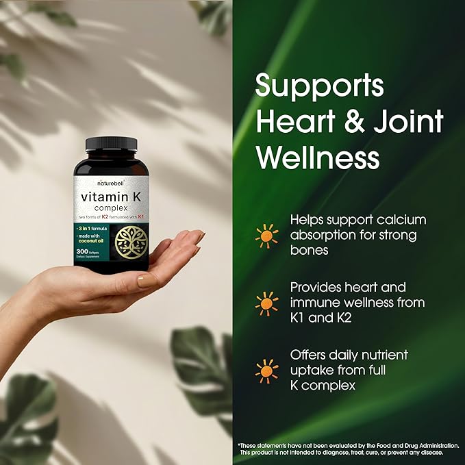 NatureBell Vitamin K Complex - 300 Softgels - Delivers 2,600mcg Vitamin K - Full Spectrum Bone & Heart Health Support Supplement - High Absorption K1 & K2 MK-4 & MK-7*