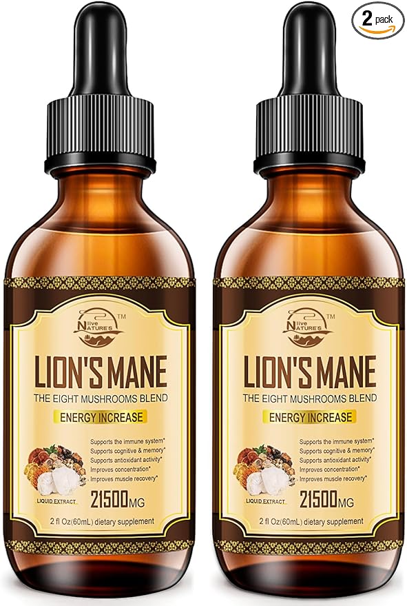 Nature's live Lions Mane Supplement, Liquid Mushroom Extract Drops, 8 Mushrooms Complex for Immune System, Memory, Focus Boost, Mushroom Supplement with Lion's Mane, Cordyceps, Reishi, Vegan, 2 Pack