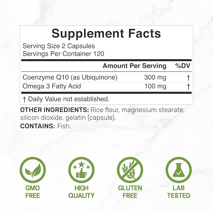 DEAL SUPPLEMENT CoQ10 300mg with Omega 3 100mg, 240 Capsules | Bioavailable Coenzyme Q10 Formula | Supports Heart, Energy & Brain Health | Antioxidant Support | Non-GMO