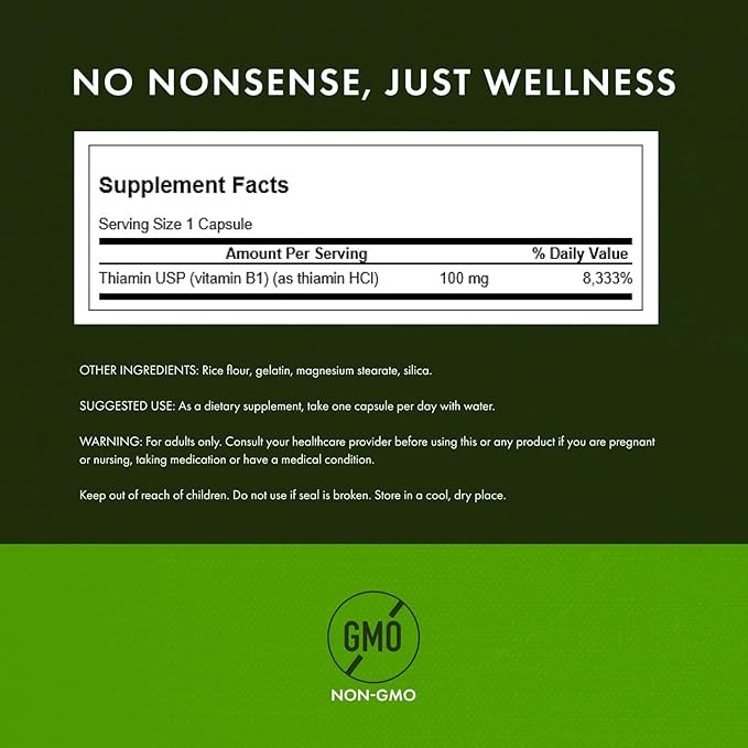 Swanson Vitamin B1 (Thiamin) - Promotes Healthy Metabolism and Provides Energy Support - Natural Vitamin Supplement Supporting Optimum Nerve Cell Function - (250 Capsules, 100mg Each)