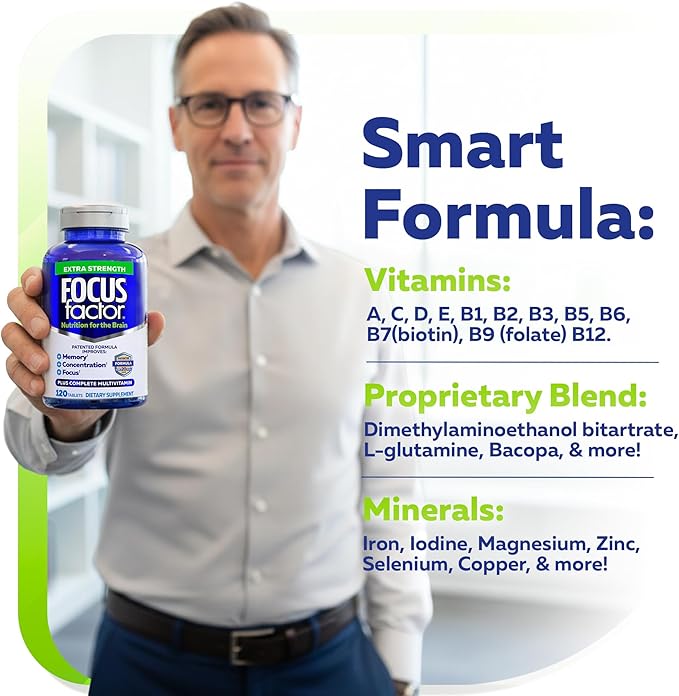 Focus Factor Adults Extra Strength, 120 Count - Brain Supplement for Memory, Concentration and Focus - Complete Multivitamin with DMAE, Vitamin D, DHA - Trusted Health Vitamins (Pack of 2)