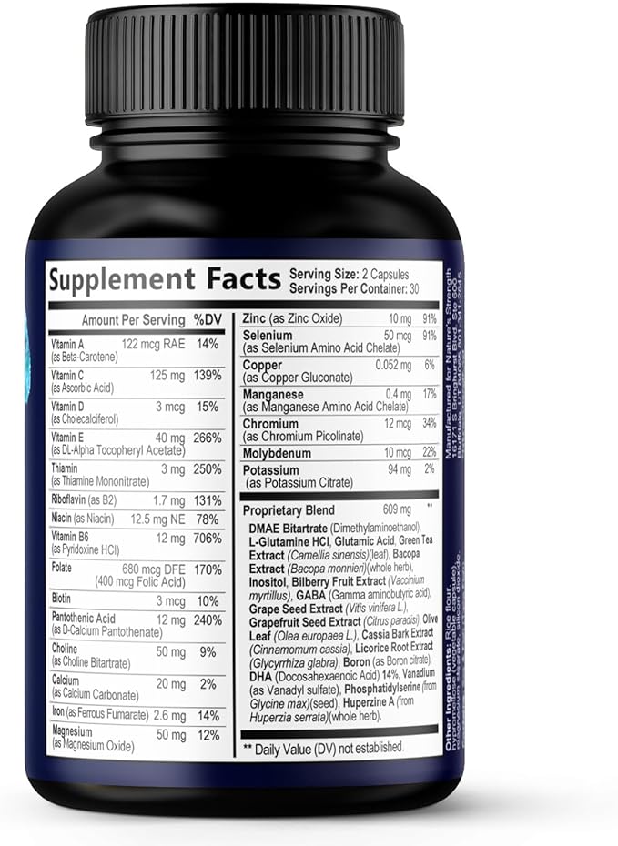 Brain Memory Supplement Pills - 3X Strength Nootropics for Concentration, Clarity & Focus Support - Brain Health Cognitive Vitamins with Bacopa, Phosphatidylserine & DMAE, Brain Booster - 60 Capsules